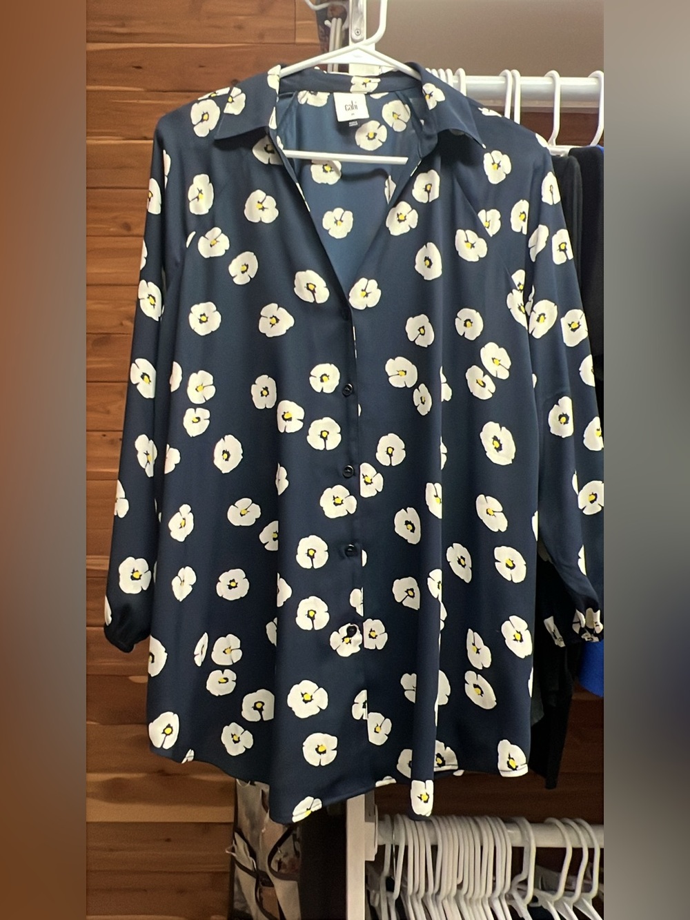 CAbi Navy Button-Down Shirt with White & Yellow Floral Print
